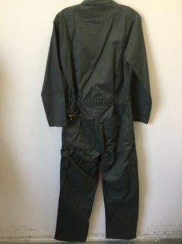 Mens, Coveralls/Jumpsuit, DICKIES, Olive Green, Polyester, Cotton, Solid, S-REG, Olive, Notched Lapel, Gold Zip Front, 2 Hidden Snap Front, 2 Pockets with Gold Slant Zipper Top, & 4 Pockets Bottom, Long Sleeves, with 1 Pocket on Left Arm, ( Cut-up Holes All Over Left Leg)