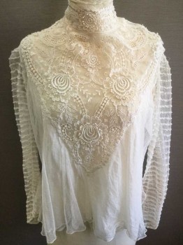 N/L, White, Lace, Silk, Solid, Floral, Sheer Net Fabric with Floral Embroidery/Open Threadwork, Long Sleeves, Hook & Eye Closures At Center Back, High Neckline with Boned Seams For Added Structure, Large V Shape Inset At Center Front Bust, White Silk Lining,