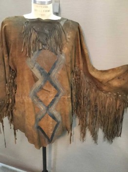 Mens, Historical Fiction Tunic, N/L, Dk Brown, Black, Leather, Diamonds, L, Aged/Distressed,  Brown Leather Tunic Long Sleeves, Fringe Detail, Black & Brown Diamond Pattern Painted On Center Front, Black & Brown Feather Pattern Painted On On Back, See Photo Attached,
