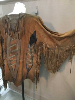 Mens, Historical Fiction Tunic, N/L, Dk Brown, Black, Leather, Diamonds, L, Aged/Distressed,  Brown Leather Tunic Long Sleeves, Fringe Detail, Black & Brown Diamond Pattern Painted On Center Front, Black & Brown Feather Pattern Painted On On Back, See Photo Attached,