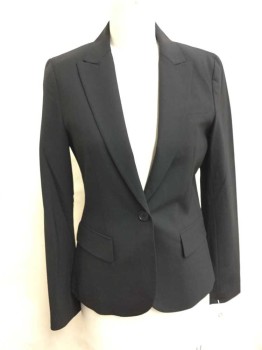 THEORY, Black, Wool, Lycra, Solid, Single Breasted, Peaked Lapel, 1 Button, 3 Pockets,