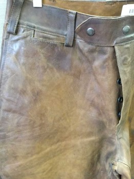 Mens, Leather Pants, MTO, Brown, Leather, Solid, 35In, 30W, Leather, Snap Front, Top Stitching At Knees, Snaps At Ankles, Possible Science Fiction Or Western Usage