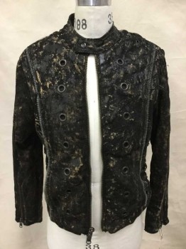 Mens, Jacket, Junker Designs, Black, Tan Brown, Gray, Cotton, Tie-dye, Large, Denim Jacket, Painted, Distressed, Grommets, Zip Front, Metal Zipper Details, Zippers At Cuffs, Leather Lace Up Sides, Black Quilted Stitching, Tab Collar