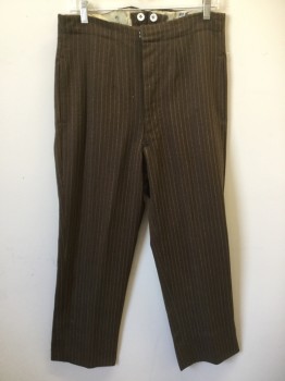 Mens, Pants 1890s-1910s, MTO, Brown, Lt Gray, Maroon Red, Tan Brown, Wool, Stripes - Vertical , 30/28, Heather Brown with Light Gray, Maroon, Tan with Dots Vertical Stripes, Flat Front, Button Front, 3 Pockets, Chevron Shape Back, ( Brown Repair Stitches)