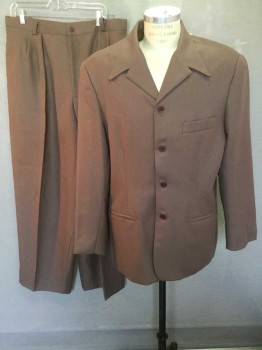 Mens, 1990s Vintage, Suit, Jacket, MOSA, Brown, Polyester, Solid, 48L, Single Breasted, 4 Buttons, Pointy Collar Attached, Notched Lapel, 3 Pockets,