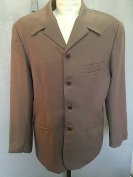 Mens, 1990s Vintage, Suit, Jacket, MOSA, Brown, Polyester, Solid, 48L, Single Breasted, 4 Buttons, Pointy Collar Attached, Notched Lapel, 3 Pockets,