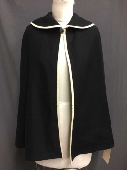 Womens, Cape 1890s-1910s, NO LABEL, Black, Cream, Wool, Solid, O/S, Cream Trim Around Collar and Center Front, Clasp At Neck, Scallop Neck Hem At Back