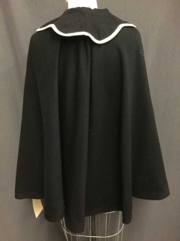 Womens, Cape 1890s-1910s, NO LABEL, Black, Cream, Wool, Solid, O/S, Cream Trim Around Collar and Center Front, Clasp At Neck, Scallop Neck Hem At Back