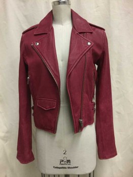 IRO, Raspberry Pink, Leather, Solid, Raspberry, Zip Front, Notched Lapel, Zip Pockets, Epaulets