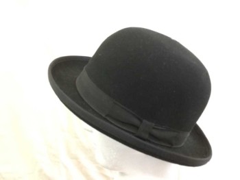 Mens, Bowler Hat 1890s-1910s, GOLDEN GATE HAT CO, Black, Wool, Solid, 7 1/8, Grosgrain Band and Bow, Grosgrain Edge Trim,