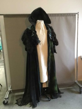 Unisex, Sci-Fi/Fantasy Cape/Cloak, M.T.O., Black, Lime Green, Emerald Green, Cotton, Fur, Gothic Fantasy/ Grim Reaper  CloakBlack Woven Under Cloak with Neon Lime Paint Spatter, Raw Irregular Edging with Buffalo Hide Caplet & Scraps Of Black Leather with Iridescent Emerald Dry Paint, Cotton Canvas Hood