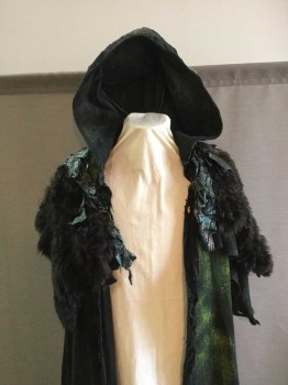 Unisex, Sci-Fi/Fantasy Cape/Cloak, M.T.O., Black, Lime Green, Emerald Green, Cotton, Fur, Gothic Fantasy/ Grim Reaper  CloakBlack Woven Under Cloak with Neon Lime Paint Spatter, Raw Irregular Edging with Buffalo Hide Caplet & Scraps Of Black Leather with Iridescent Emerald Dry Paint, Cotton Canvas Hood