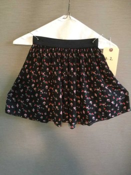 H & M, Black, Red, Cream, Pink, Green, Polyester, Floral, Black W/red,cream,pink, Green, Light Brown Floral Print, 1" Elastic Waistband, Small Fan Pleats, See Photo Attached,
