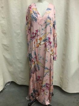 TYSA, Lt Pink, Multi-color, Synthetic, Floral, V-neck, Flared Sleeves, Side Slits, Maxi Dress