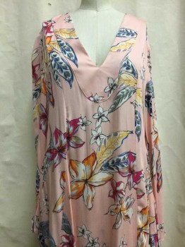 TYSA, Lt Pink, Multi-color, Synthetic, Floral, V-neck, Flared Sleeves, Side Slits, Maxi Dress
