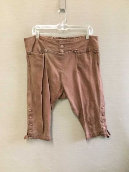 FOX23, Brown, Linen, Cotton, Solid, Breeches, Barn Door Front with Hidden Button Fly, 4 Covered Button Closure At Side Cuff & 1silver Button Closure. Small Patch Detail At Knees, Lacing At Center Back, Waist