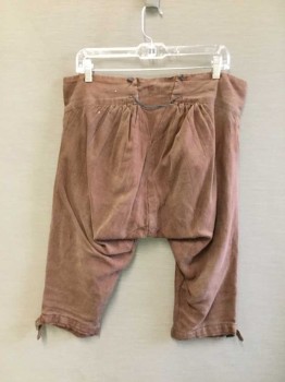 FOX23, Brown, Linen, Cotton, Solid, Breeches, Barn Door Front with Hidden Button Fly, 4 Covered Button Closure At Side Cuff & 1silver Button Closure. Small Patch Detail At Knees, Lacing At Center Back, Waist