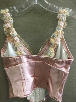 Womens, Sci-Fi/Fantasy Piece 1, N/L, Dusty Pink, Beige, Lt Pink, Lt Blue, Silk, Netting, Solid, Floral, W22, B32, Corset Top: Dusty Pink Satin Body, W/Boning Structure, Hook & Eye Closures At Center Front, Beige Sheer Net W/Flower Shaped Beads At Bust Cups, Beige Lace Straps W/Pastel Flowers, Ballet, Princess, Sweet