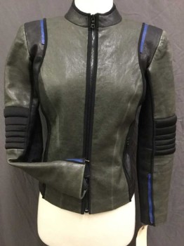 Womens, Sci-Fi/Fantasy Jacket, MTO, Olive Green, Black, Royal Blue, Leather, Neoprene, Color Blocking, Xs, Zip Front, Stand Collar, Neoprene Side and Underarm Inserts, Quilted Neoprene Elbows and Back Waistband, 2 Pockets, Zip Cuffs