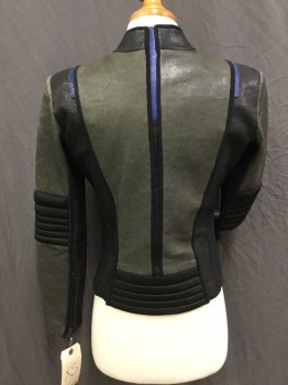 MTO, Olive Green, Black, Royal Blue, Leather, Neoprene, Color Blocking, Zip Front, Stand Collar, Neoprene Side and Underarm Inserts, Quilted Neoprene Elbows and Back Waistband, 2 Pockets, Zip Cuffs
