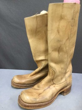 Womens, Cowboy Boots, N/L, Tan Brown, Leather, Mottled, 7, Knee High, Round Toe, Wood Stack Heel, Pull on,
