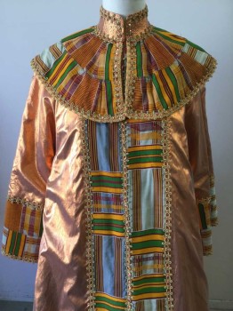 MTO, Orange, Multi-color, Metallic/Metal, Cotton, Orange Metallic Base, Multi-color Cotton Fabric Down Center Front/Around Hem/Collar, African Fabric, Stand Collar with Wide Bib Collar, Long Sleeves, Center Front Invisible Zipper, Orange Metallic Trim with Sequins Along Perimeter, Hula-hoop at Hem That Kicks Out Around the Legs, Ethnic, African Fantasy,