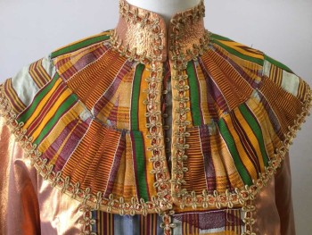 MTO, Orange, Multi-color, Metallic/Metal, Cotton, Orange Metallic Base, Multi-color Cotton Fabric Down Center Front/Around Hem/Collar, African Fabric, Stand Collar with Wide Bib Collar, Long Sleeves, Center Front Invisible Zipper, Orange Metallic Trim with Sequins Along Perimeter, Hula-hoop at Hem That Kicks Out Around the Legs, Ethnic, African Fantasy,