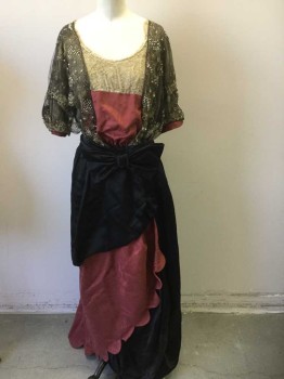 Womens, Evening Dress 1890s-1910s, N/L, Black, Brick Red, Gold, Bronze Metallic, Silk, Beaded, W:27, B:38, Bust is Cream Lace with Pearl Edging, Cream Underlayer with Black Sheer Net Sleeves/Shoulders, with Gold and Bronze Ornate Embroidery with Pearls, Center Panel is Brick Moire Pattern Silk with Scallopped Edge, Black Silk Over Skirt and Self 3D Bow Waistband, Short Sleeves, Square Neck with Beige Lace Trim