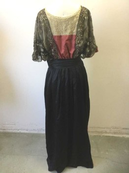 Womens, Evening Dress 1890s-1910s, N/L, Black, Brick Red, Gold, Bronze Metallic, Silk, Beaded, W:27, B:38, Bust is Cream Lace with Pearl Edging, Cream Underlayer with Black Sheer Net Sleeves/Shoulders, with Gold and Bronze Ornate Embroidery with Pearls, Center Panel is Brick Moire Pattern Silk with Scallopped Edge, Black Silk Over Skirt and Self 3D Bow Waistband, Short Sleeves, Square Neck with Beige Lace Trim