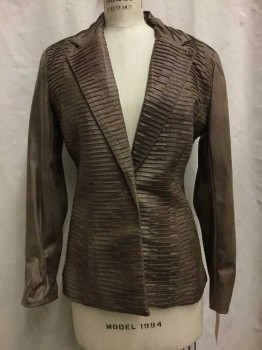 ERIN LONDON, Brown, Synthetic, Mottled, Brown Pleather, Accordion Pleated Front, Notched Lapel, 1 Button,