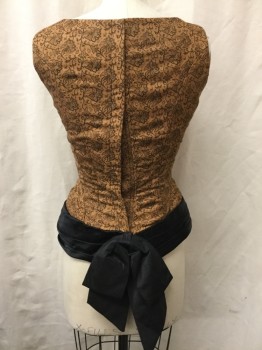 MTO, Ochre Brown-Yellow, Black, Silk, Beaded, Floral, Abstract , BODICE -Brocade, Sweetheart Neckline with Antique Beaded Rope, Sleeveless, Hook & Eyes Center Back, Princess Waist with Black Velvet Ribbon, Applique, and Embroidery, Attached Cummerbund with Bow in Back