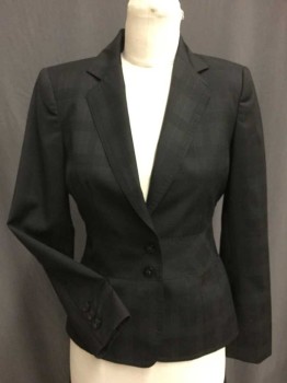 Womens, Suit, Jacket, ANNE KLEIN, Black, Pink, Polyester, Wool, Plaid, 2P, 2 Buttons Single Breasted, Notched Lapel with Top Stitch Detail. Fitted  Waistband with Peplum Lower. Black Jaquard Plaid with Pink Grid Fabric.