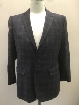 TED BAKER, Navy Blue, Gray, Red Burgundy, Wool, Plaid, Single Breasted, Collar Attached, Notched Lapel, Hand Picked Collar/Lapel, 3 Pockets, 2 Buttons,  Backyard with Lawnmower Silk Lining