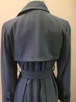 BANANA REPUBLIC, Slate Blue, Acetate, Solid, Double Breasted, Collar Attached, Self Tie Belt, 2 Pockets, Extended Cuff, Pleated at Waist,