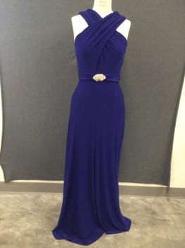 LAUREN, Royal Blue, Polyester, Elastane, Solid, Crossover Top, Sleeveless, Gored Skirt, Floor Length, Self Attached Gathered Waistband, Silver/Rhinestone Front Clasp