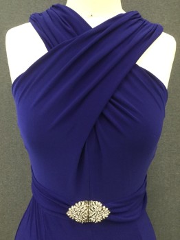 LAUREN, Royal Blue, Polyester, Elastane, Solid, Crossover Top, Sleeveless, Gored Skirt, Floor Length, Self Attached Gathered Waistband, Silver/Rhinestone Front Clasp