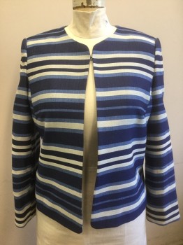 PRESTON & YORK, Navy Blue, French Blue, White, Polyester, Rayon, Stripes - Horizontal , Long Sleeves, Open at Center Front with 1 Hook&Eye Closure, Round Neck (No Lapel), Solid Navy Lining