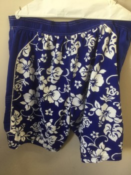 MARLIN, Primary Blue, White, Polyester, Floral, Lacing, White Piping, Center Back Elastic Waist, Velcro Pockets, Hibiscus Flowers, Hawaiian Print
