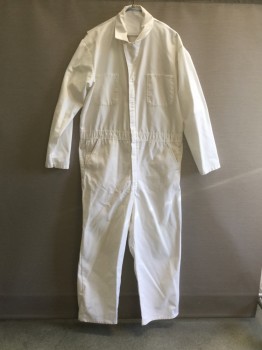 Mens, Coveralls/Jumpsuit, N/L, White, Poly/Cotton, Solid, 44, Zip/Snap Front, Collar Attached, Long Sleeves, 8 Pockets, 1.5" Waistband