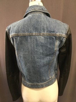 RAG & BONE, Denim Blue, Black, Cotton, Leather, Solid, Denim Style, Zip Front, Collar Attached, Orange Top Stitch, Black Leather Sleeves with Zippers