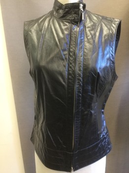 Womens, Leather Vest, LAUNDRY, Black, Leather, Solid, M, Pleather, Zip Front, Stand Up Collar, Wide Waist Band, Slit Pockets