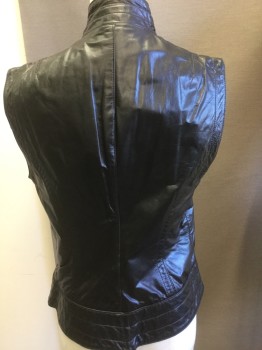 Womens, Leather Vest, LAUNDRY, Black, Leather, Solid, M, Pleather, Zip Front, Stand Up Collar, Wide Waist Band, Slit Pockets
