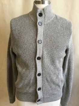 BANANA REPUBLIC, Lt Gray, Cotton, Heathered, Cardigan, Long Sleeves, Stand Collar, Button Front, Ribbed Knit Collar/Cuff/Waistband, 2 Pockets
