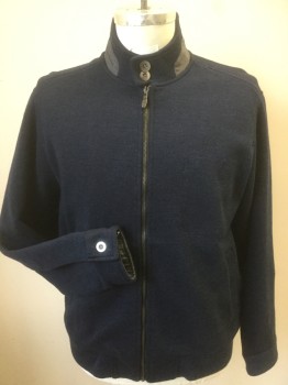 ARI8TO, Navy Blue, Gray, Wool, Cotton, Solid, Zip Front, 2 Pockets, 2 Gray Buttons and Fabric on Band Collar, Knit, Sweater Like, Buttons at Cuffs