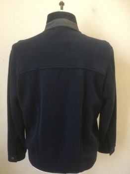 ARI8TO, Navy Blue, Gray, Wool, Cotton, Solid, Zip Front, 2 Pockets, 2 Gray Buttons and Fabric on Band Collar, Knit, Sweater Like, Buttons at Cuffs