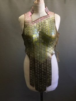 Womens, Sci-Fi/Fantasy Breastplate, MTO, Bronze Metallic, Green, Pink, Leather, Metallic/Metal, Ombre, Ch 36+, L, Molded Cups, Lace Up Sides, Lace Up Back, Collar Attached, Asymmetric Neckline, Square Silver Medallions, Flap Panels Front and Back