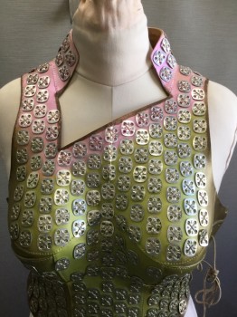 Womens, Sci-Fi/Fantasy Breastplate, MTO, Bronze Metallic, Green, Pink, Leather, Metallic/Metal, Ombre, Ch 36+, L, Molded Cups, Lace Up Sides, Lace Up Back, Collar Attached, Asymmetric Neckline, Square Silver Medallions, Flap Panels Front and Back