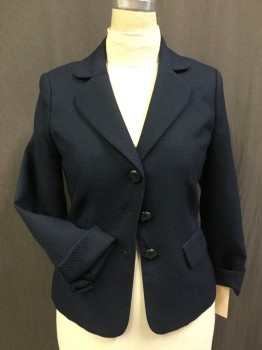 LE SUIT, Navy Blue, Polyester, Solid, Diamonds, Single Breasted, 3 Buttons,  Rounded Notched Lapel, 2 Pockets, Cuffed Sleeves, Textured Fabric