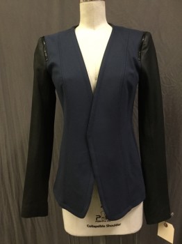 THEORY, Navy Blue, Black, Synthetic, Solid, Color Blocking, Navy, Black Sleeves with Zipper Shoulder Detail, Open Front