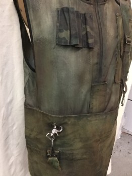 Mens, Vest, NT DRI, Olive Green, Nylon, Cotton, Solid, XL, (Aged/Distressed)  Olive, Collar Attached, 12" Zip Front, Shoulder Pad, Straps, Buckle Detail, Side Zipper Bottom Half Front, Gray Netting Lining, Strap & Metal Hook Back, Black Trim on Arm Holes